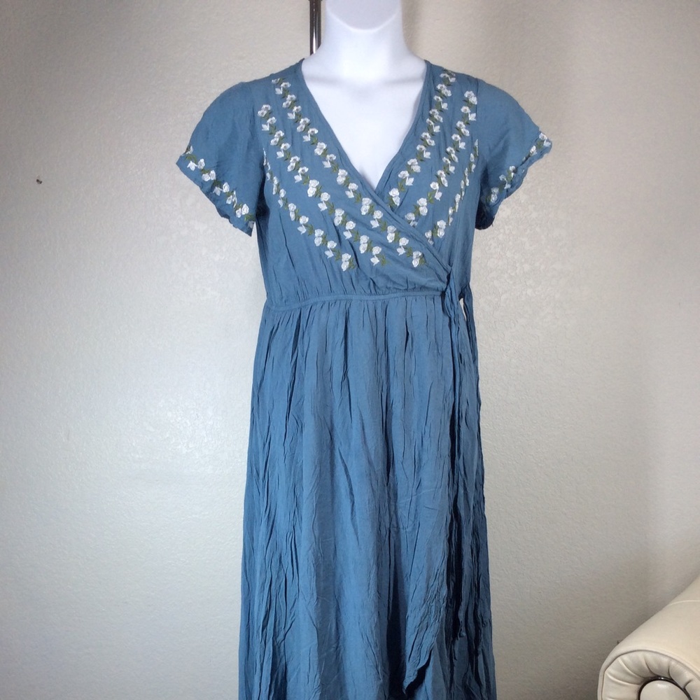 Love + Harmony Faux Wrap Maxi Womens Dress Embroidered Flutter Sleeve V-Neck